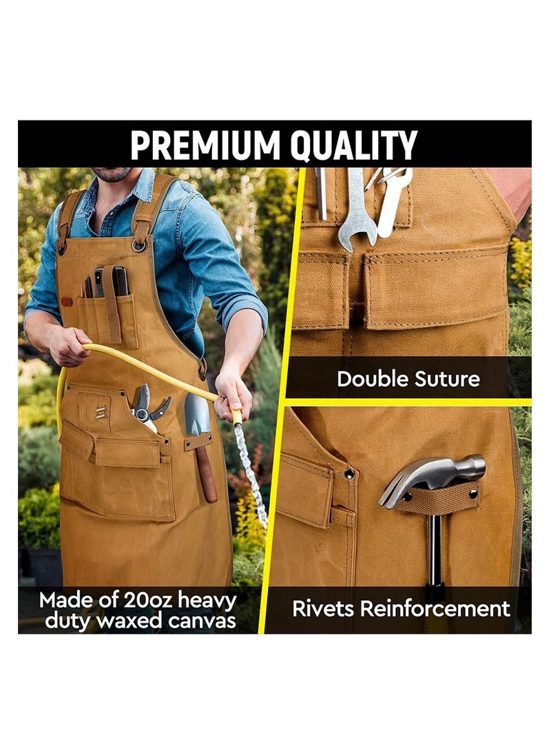 Canvas Apron, Kitchen Chef Apron with Pockets, Heavy Duty  Apron Work Apron for Woodworking Painting Crafting Cooking Bartenders(Brown)