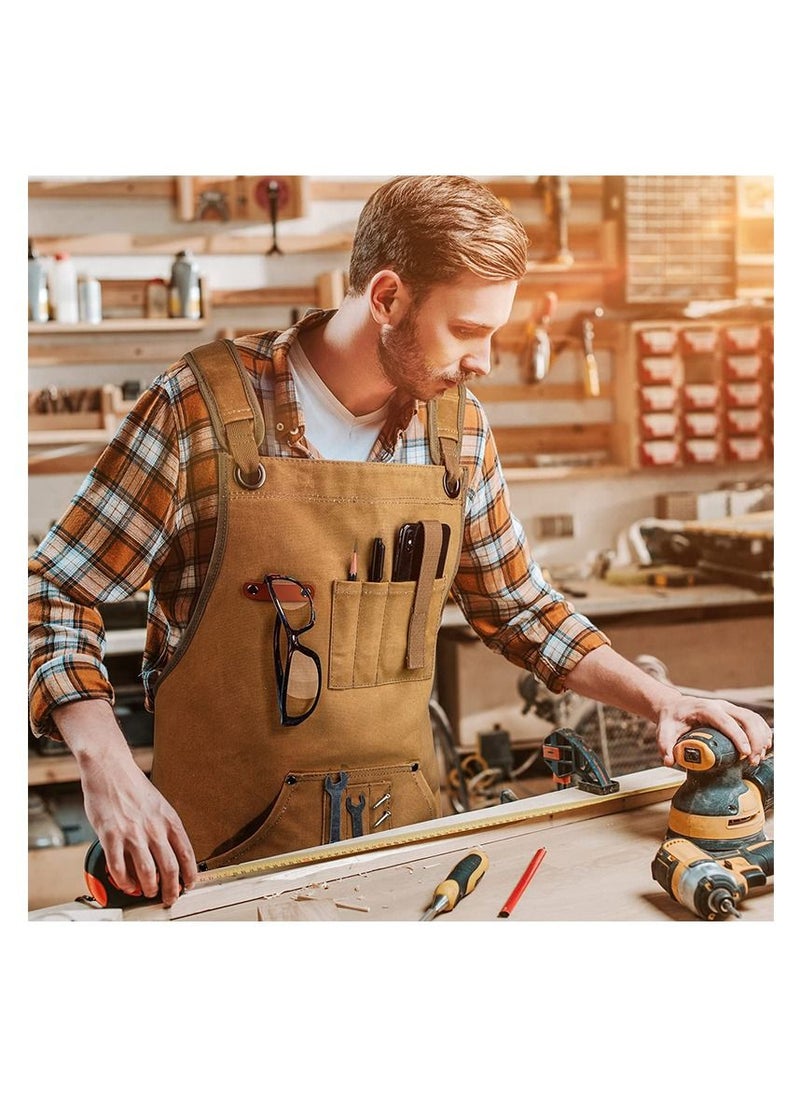 Canvas Apron, Kitchen Chef Apron with Pockets, Heavy Duty  Apron Work Apron for Woodworking Painting Crafting Cooking Bartenders(Brown)