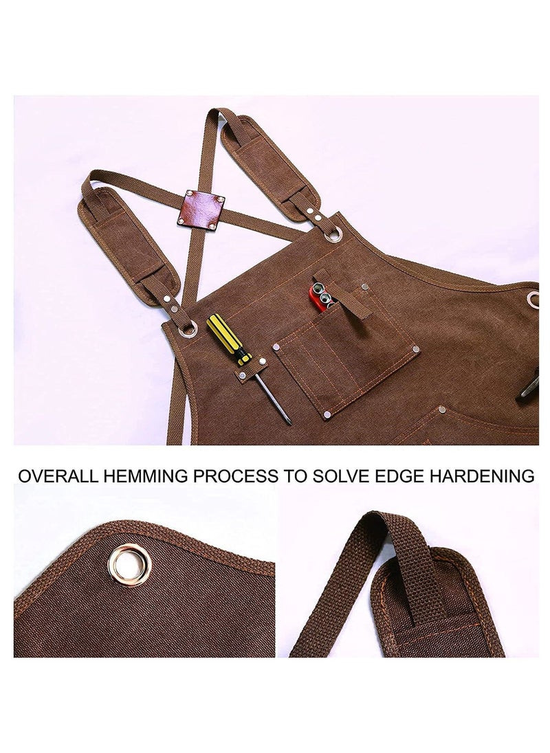 Canvas Apron, Kitchen Chef Apron with Pockets, Heavy Duty  Apron Work Apron for Woodworking Painting Crafting Cooking Bartenders(Brown)