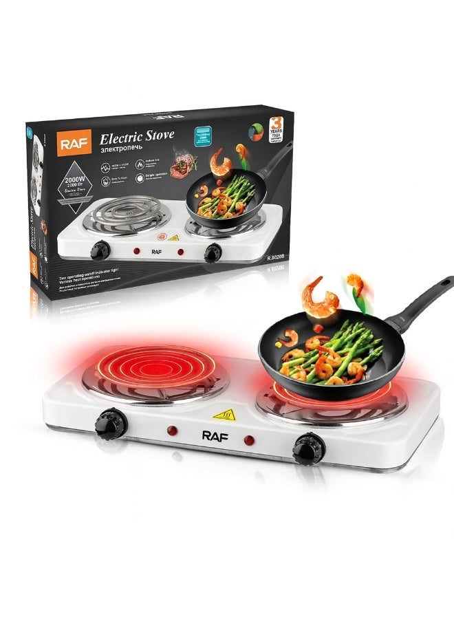 آر إيه أف موقد كهربائي مزدوج الملف من RAF، بقوة 2000 واط | موقد كهربائي مزدوج الشعلات | تسخين سريع، درجة حرارة قابلة للتعديل، حرارة موحدة، سهل التنظيف | محمول للمنزل، النزل، التخييم - طراز R-8020B - Image 1