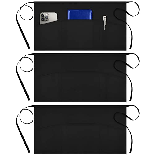 Syntus 3 Pack Server Aprons with 3 Pockets, Waterdrop Resistant Waitress Waiter Waist Apron, 11.5-inch Black - Image 1