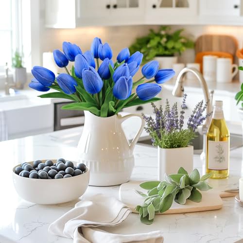 Beferr 18pcs Tulips Artificial Flowers Faux Tulip Real Touch Fake Flowers Bouquets Arrangements for Mothers Day Easter Spring Flowers Gifts Home Table Decor Blue - Image 3