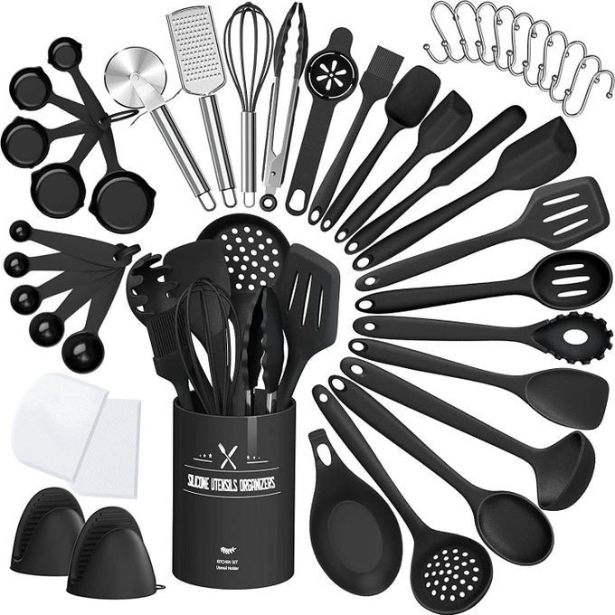 43 PCS KITCHEN UTENSILS SET HEAT RESISTANT SILICONE COOKING KITCHEN UTENSILS SET WITH HOLDER SPOON SPATULA KITCHEN GADGETS TOOLS SET FOR NONSTICK COOKWARE DISHWASHERBPA FREE BLACK