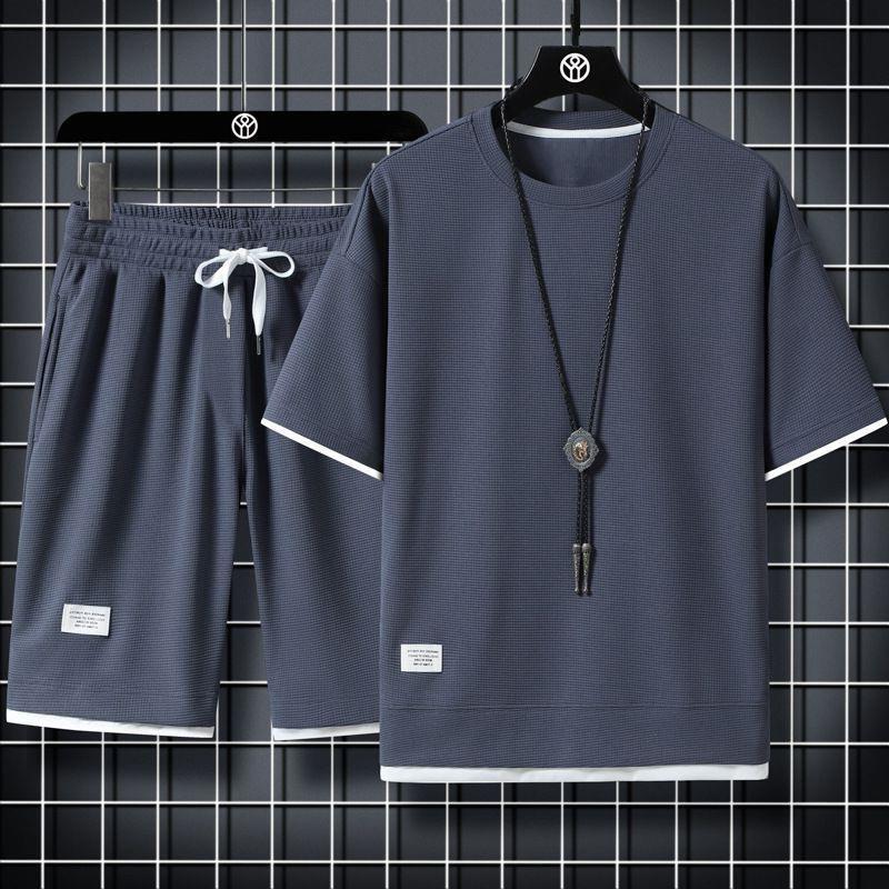 Summer plus size mens waffle fake two-piece suit casual short-sleeved mens shorts breathable sports top set Black thin pants