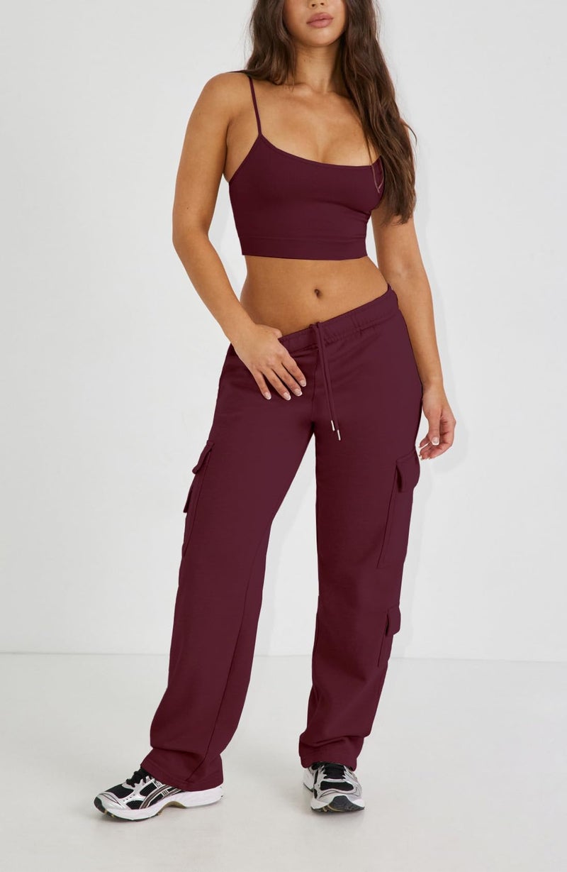 Waitfairy Cargo Sweatpants for Women - Straight Leg Fleece Lined Joggers Women Barrel Sweat Pants for Girls Y2k Clothes Burgundy S - Image 2