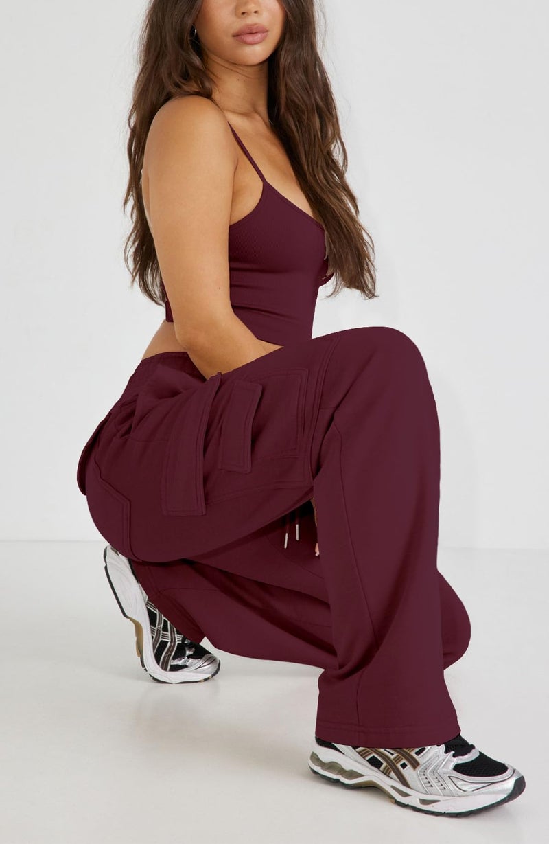Waitfairy Cargo Sweatpants for Women - Straight Leg Fleece Lined Joggers Women Barrel Sweat Pants for Girls Y2k Clothes Burgundy S - Image 4