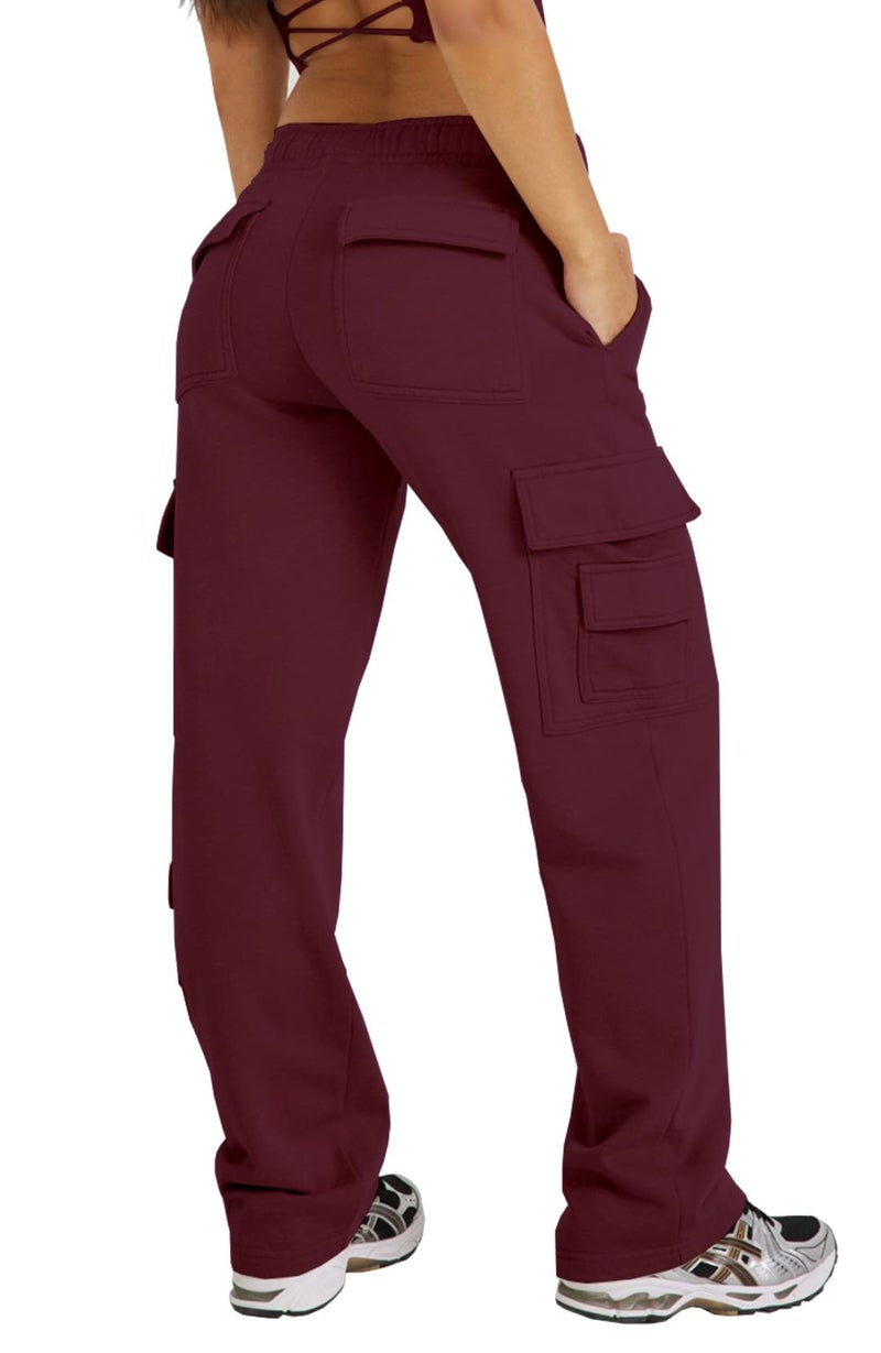 Waitfairy Cargo Sweatpants for Women - Straight Leg Fleece Lined Joggers Women Barrel Sweat Pants for Girls Y2k Clothes Burgundy S - Image 1