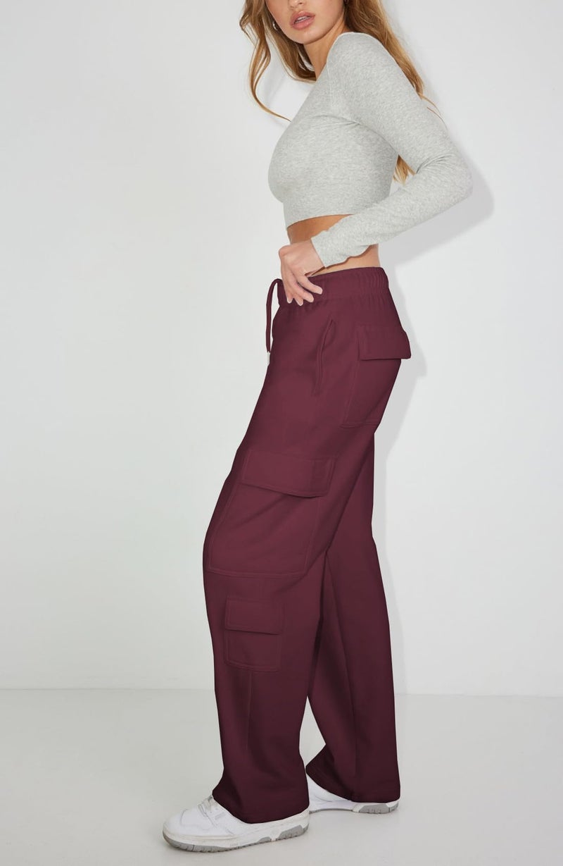 Waitfairy Cargo Sweatpants for Women - Straight Leg Fleece Lined Joggers Women Barrel Sweat Pants for Girls Y2k Clothes Burgundy S - Image 3