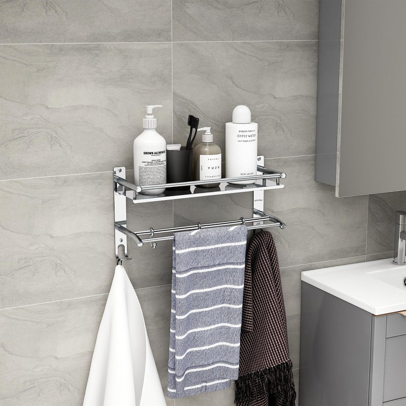 Plantex Bathroom Stand for Wall/Rack for Bathroom/Multipurpose Stainless Steel Bathroom Shelf with Hooks & Towel Holder/Bathroom Accessories (2-Tier, Chrome, Polished) - Image 2