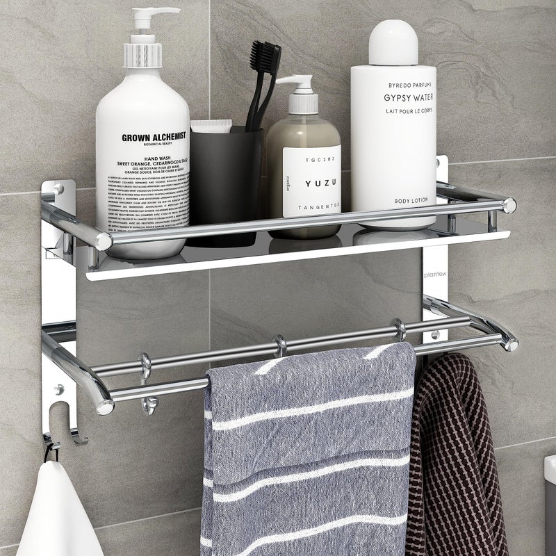 Plantex Bathroom Stand for Wall/Rack for Bathroom/Multipurpose Stainless Steel Bathroom Shelf with Hooks & Towel Holder/Bathroom Accessories (2-Tier, Chrome, Polished) - Image 1