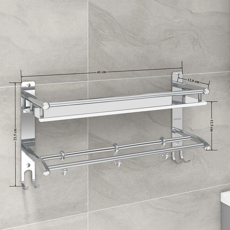 Plantex Bathroom Stand for Wall/Rack for Bathroom/Multipurpose Stainless Steel Bathroom Shelf with Hooks & Towel Holder/Bathroom Accessories (2-Tier, Chrome, Polished) - Image 4