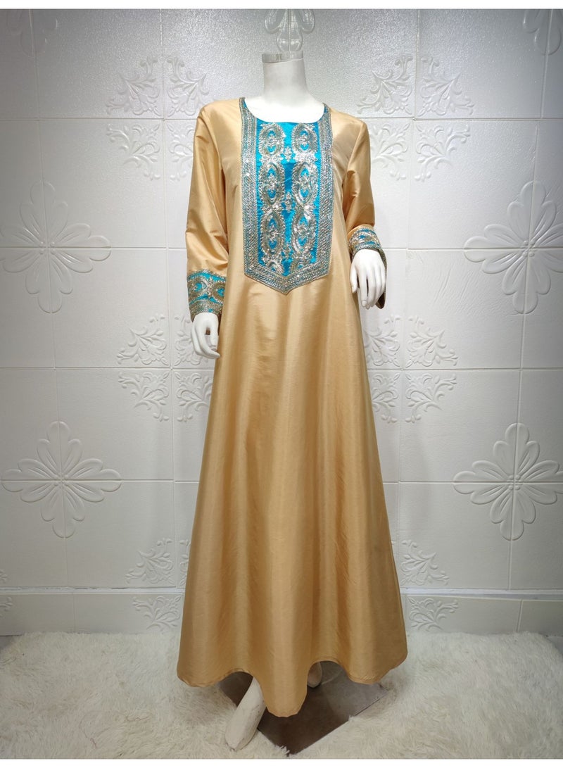 Ramadan Muslim Dress Party Dress Long sleeved Dress Ethnic Fashion Printed Robe Dress Gold  - Image 1