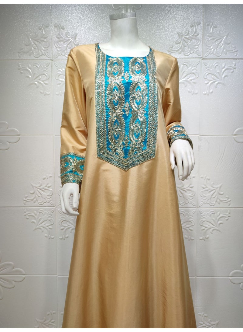 Ramadan Muslim Dress Party Dress Long sleeved Dress Ethnic Fashion Printed Robe Dress Gold  - Image 2