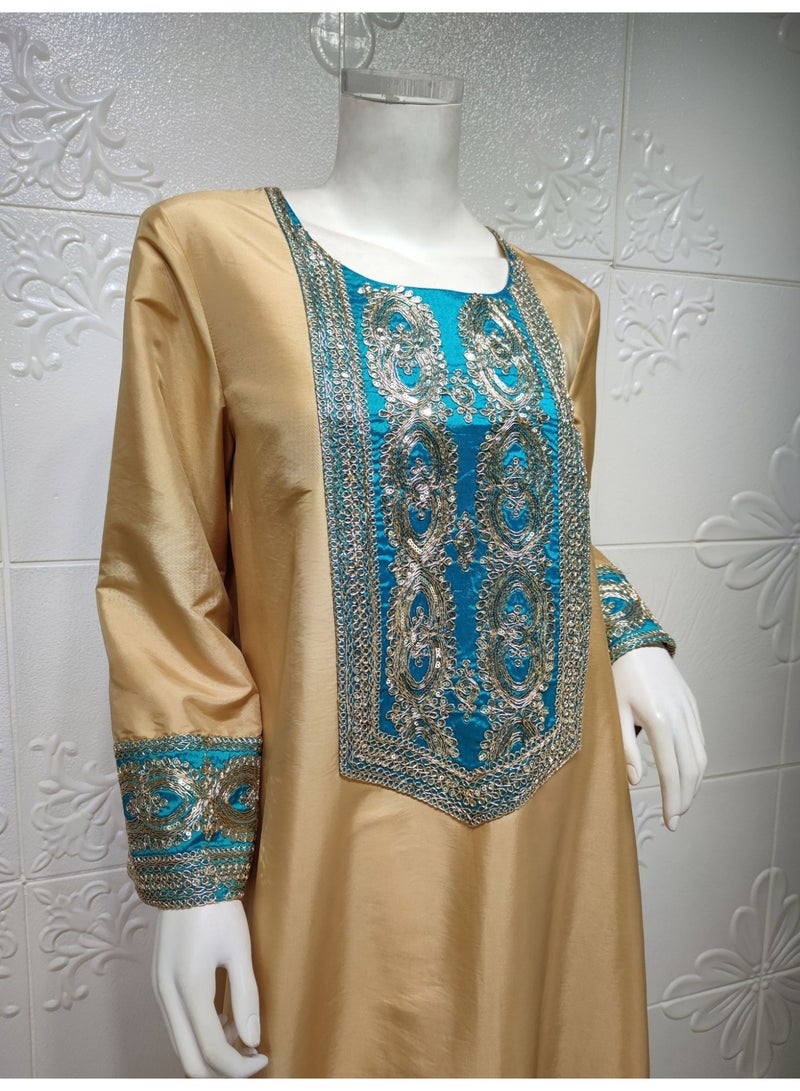 Ramadan Muslim Dress Party Dress Long sleeved Dress Ethnic Fashion Printed Robe Dress Gold  - Image 3