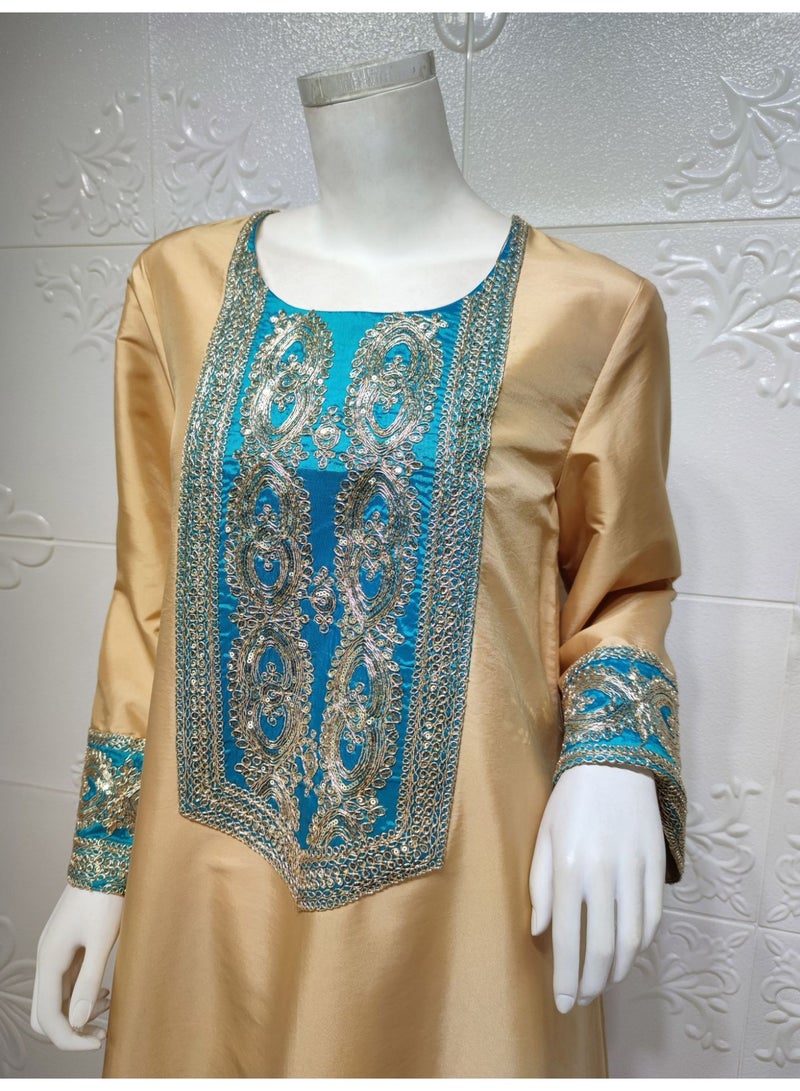 Ramadan Muslim Dress Party Dress Long sleeved Dress Ethnic Fashion Printed Robe Dress Gold  - Image 5