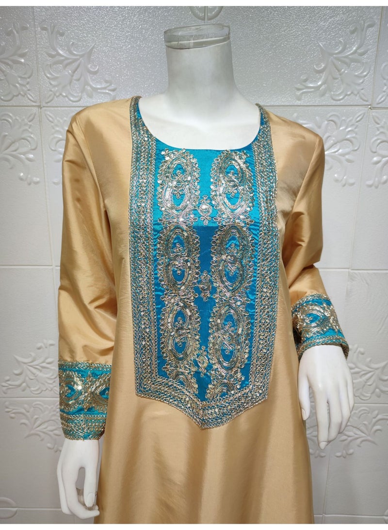 Ramadan Muslim Dress Party Dress Long sleeved Dress Ethnic Fashion Printed Robe Dress Gold  - Image 4