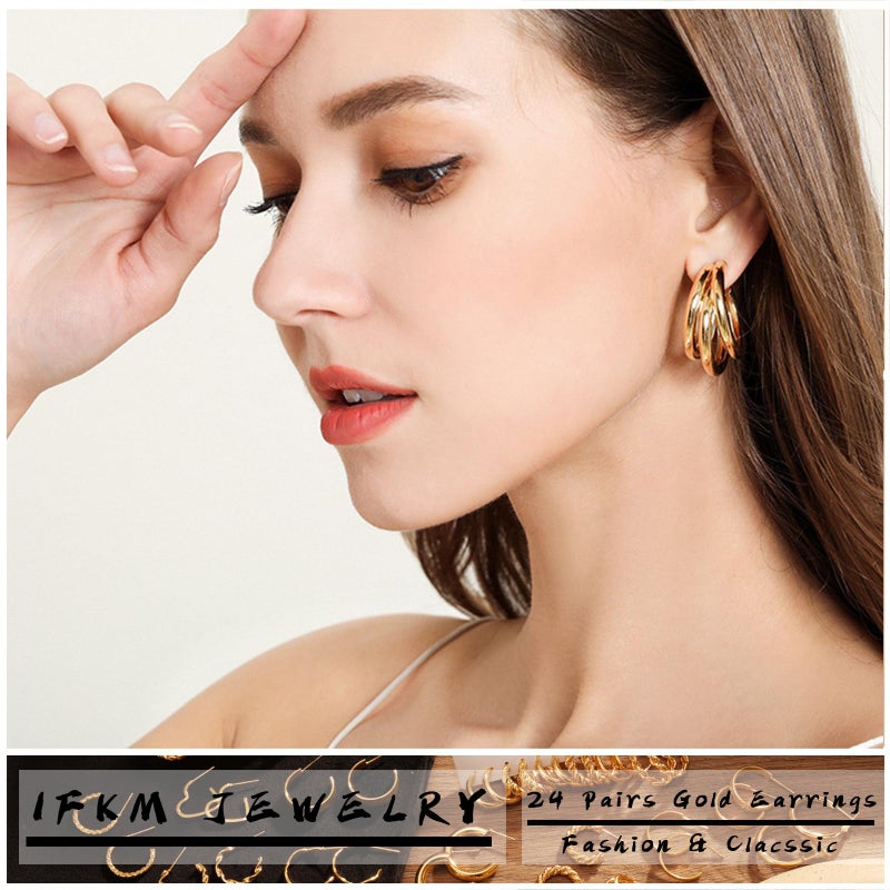 IFKM 24 Pairs Gold Hoop Earrings Set For Women Hypoallergenic Chunky Chain Twisted Open Hoops Dangle Earring Packs For Birthday Christmas Party Fashion Jewelry Gift - Image 2