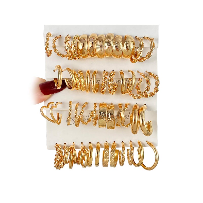 IFKM 24 Pairs Gold Hoop Earrings Set For Women Hypoallergenic Chunky Chain Twisted Open Hoops Dangle Earring Packs For Birthday Christmas Party Fashion Jewelry Gift - Image 1