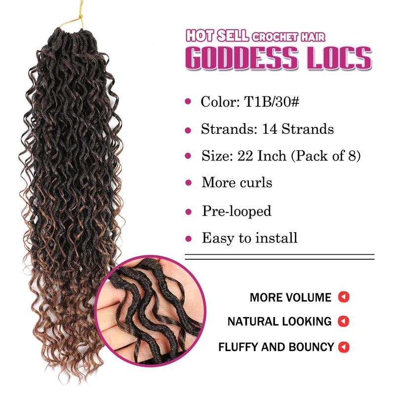 SAMBRAID 8 Packs Goddess Faux Locs Crochet Hair for Black Women, Long Goddess Locs Crochet Hair, Boho Style Locs, River Hair with Curly Ends (22Inch, T30#, 8Packs) - Image 2