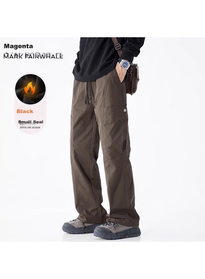 Mark Fairwhale Men's Casual Pants Autumn Winter Outdoor Sports Loose Fleece Lined Warm Workwear Straight Leg Trousers Earth Tone 4XL