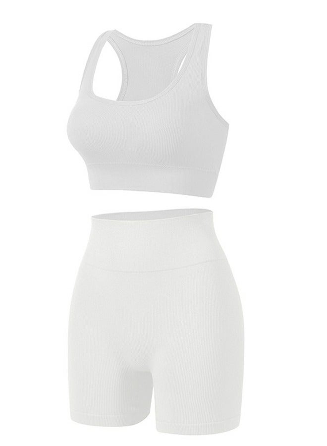 Loquat Women's Solid Color Sport Fitness Lingerie Set 2-piece Seamless Wireless Wide Shoulders Bra Vest+High Waist Boxer Briefs Sport Suit White 