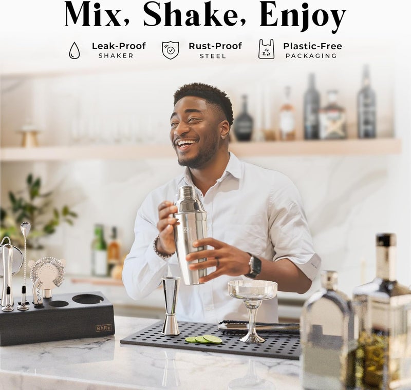 Bare Barrel ® Mixology Bartender Kit Bar Set | 14-Piece Cocktail Shaker Set | Martini Barware Mixing Tools for Home Bartending | Incl. 35 Recipe Cards | Gift Set (24oz Cobbler Shaker, Silver/Black) - Image 3