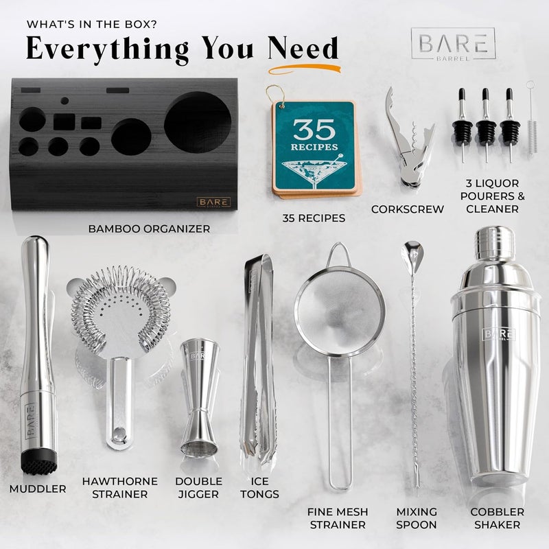 Bare Barrel ® Mixology Bartender Kit Bar Set | 14-Piece Cocktail Shaker Set | Martini Barware Mixing Tools for Home Bartending | Incl. 35 Recipe Cards | Gift Set (24oz Cobbler Shaker, Silver/Black) - Image 4