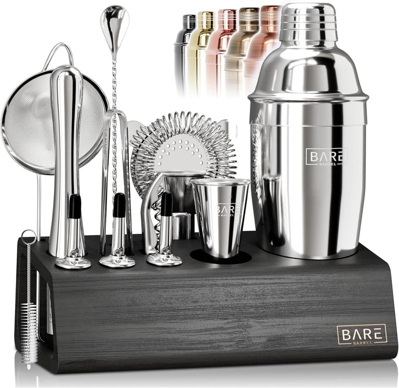 Bare Barrel ® Mixology Bartender Kit Bar Set | 14-Piece Cocktail Shaker Set | Martini Barware Mixing Tools for Home Bartending | Incl. 35 Recipe Cards | Gift Set (24oz Cobbler Shaker, Silver/Black) - Image 1