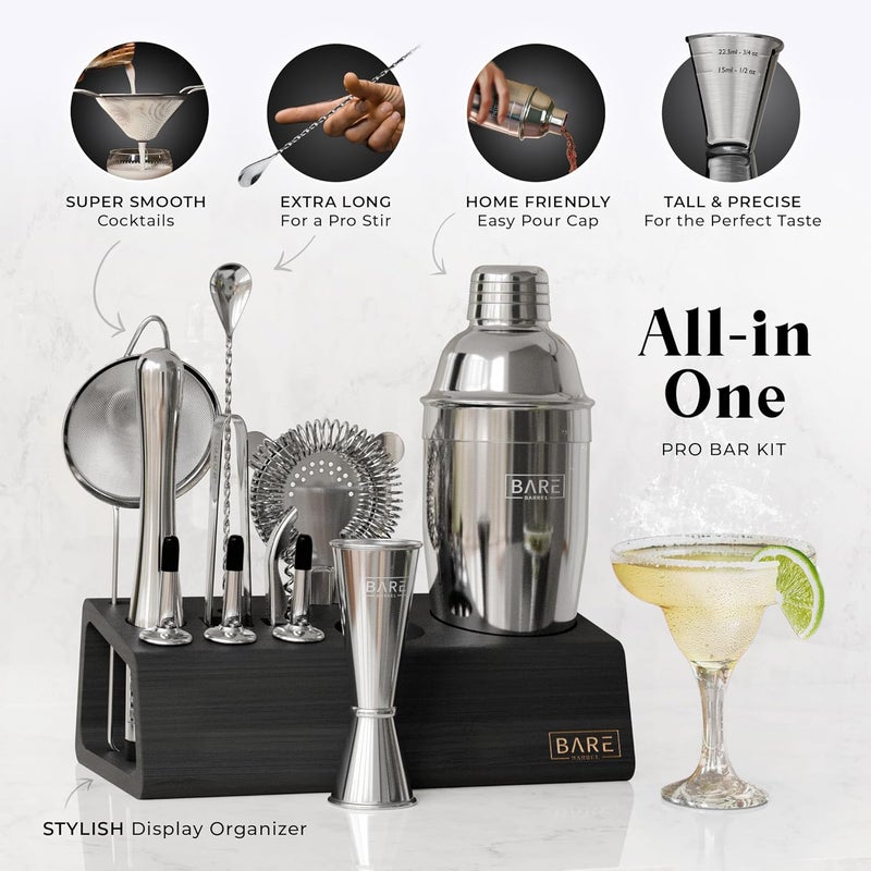 Bare Barrel ® Mixology Bartender Kit Bar Set | 14-Piece Cocktail Shaker Set | Martini Barware Mixing Tools for Home Bartending | Incl. 35 Recipe Cards | Gift Set (24oz Cobbler Shaker, Silver/Black) - Image 2