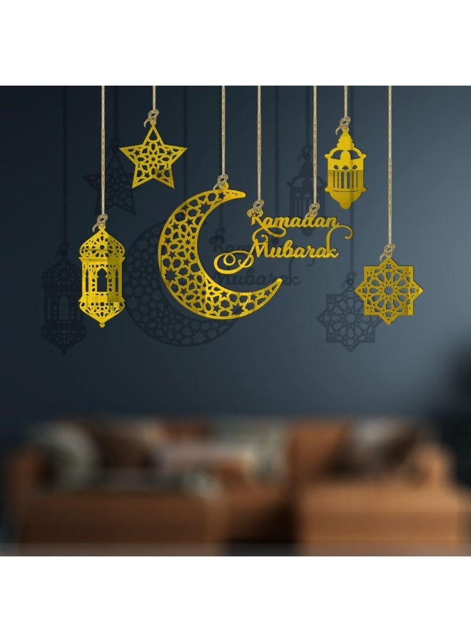 NIBEMINENT 6pcs Ramadan Ornaments, Acrylic Ramadan Kareem Decoration Eid Mubarak Pendant Wind Light Moon Star Shaped Ramadan Decor for Hanging on Walls Windows Trees - Image 2