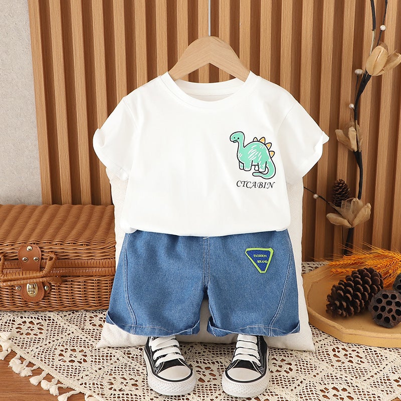 Boys suit Summer New 2025 Childrens Wear Short-sleeved Childrens Summer Wear Round Neck T-shirt Denim Shorts Two-piece Set White