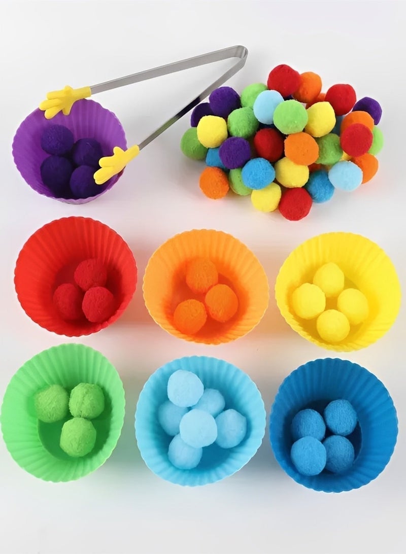 BELANO Montessori Color Sorting Toys 78 Pieces, Pom Poms Sensory Bin Set for Toddlers, Fine Motor Skills Educational Learning Toy with Bowls and Tweezers - Image 3