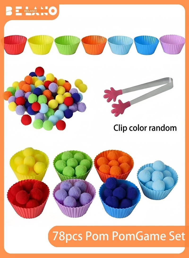 BELANO Montessori Color Sorting Toys 78 Pieces, Pom Poms Sensory Bin Set for Toddlers, Fine Motor Skills Educational Learning Toy with Bowls and Tweezers - Image 1