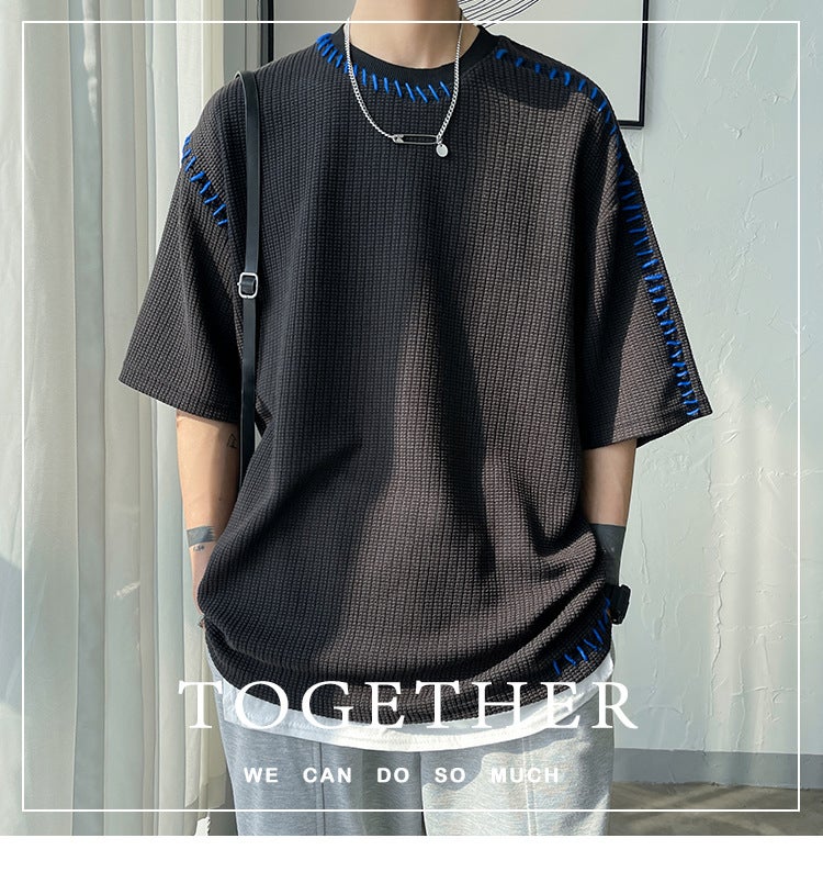 Heavy Waffled Short-Sleeved Men'S Summer Ins Fashion Brand High-End Sense T-Shirt Men'S Design Sense Small Collar Half-Sleeve Couple - Image 4