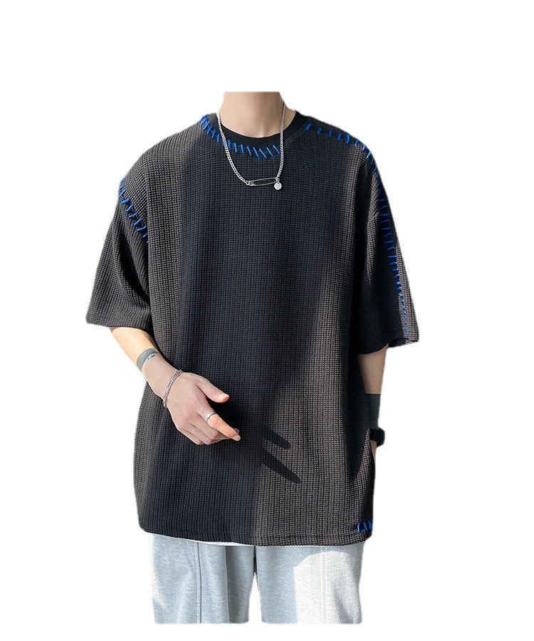 Heavy Waffled Short-Sleeved Men'S Summer Ins Fashion Brand High-End Sense T-Shirt Men'S Design Sense Small Collar Half-Sleeve Couple - Image 5