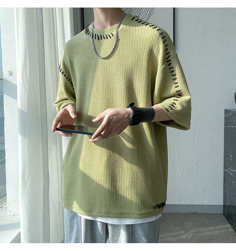 Heavy Waffled Short-Sleeved Men'S Summer Ins Fashion Brand High-End Sense T-Shirt Men'S Design Sense Small Collar Half-Sleeve Couple - Image 2