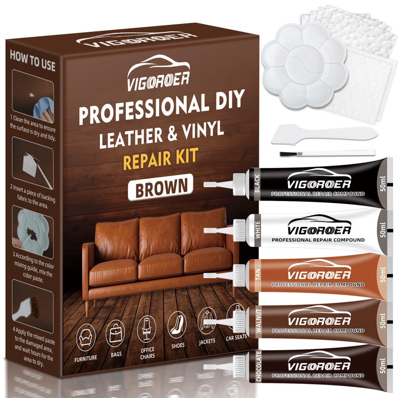 Vigorder Brown Leather Repair Kit for Furniture Leather Couch Repair Kit for Car Interior Sofa Purse and Jacket Restore Any Material with Super Easy Instructions to Fix Scratches Tears Holes Peeling - Image 2
