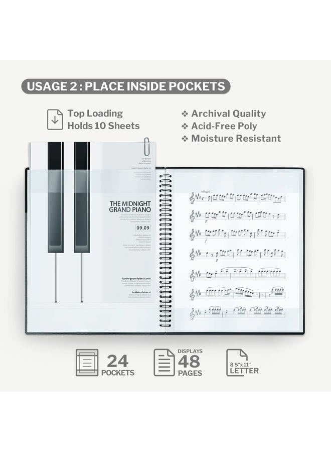 Cranbury Sheet Music Folder 8.5x11 - Dual Use Music Holder (Blue), Store Inside 24 Protective Sleeves or Write on Exposed Pages Outside Sleeves, 8.5 x 11 Spiral Notebook Binder Organizer, Lay Flat - Image 4