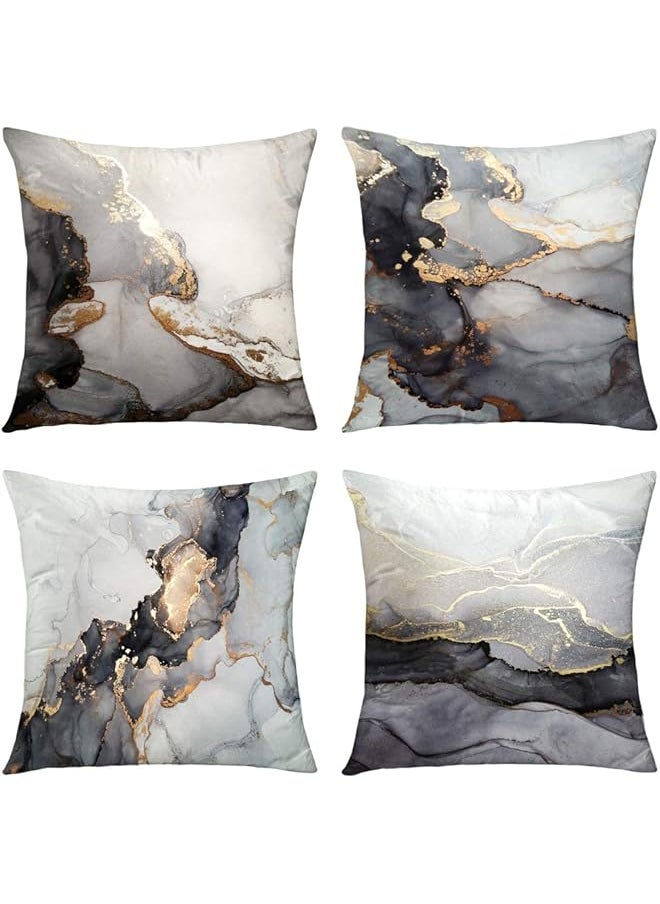 The Bros Marble Texture Black and Gold Silver Decorative Throw Pillow Covers Luxury Abstract Fluid Art Ink Soft Velvet Pillow Case Square Cushion Covers for Couch Living Room 18 x 18 Inch Set of 4  - Image 1