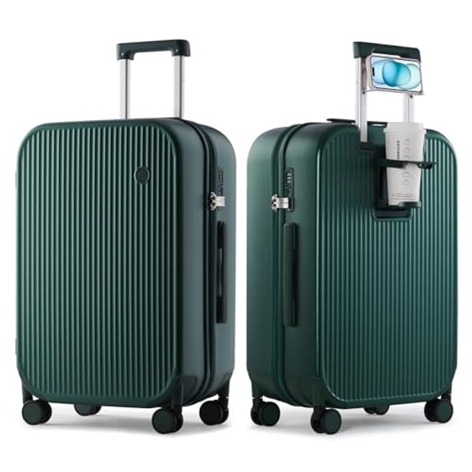 mixi Checked Luggage With Cup Phone Holder Hard Shell Rolling Travel Suitcases With Spinner Wheels,24 Inch Blackish Green - Image 4