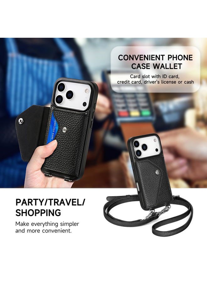 LUCKYCOIN Crossbody Phone Case for iPhone 17 Pro,Genuine Pebble Leather Wallet Case with Expandable Flip Card Holder,Black Phone Purse for Women with Adjustable Removable Strap,for Travel/Parties - Image 4
