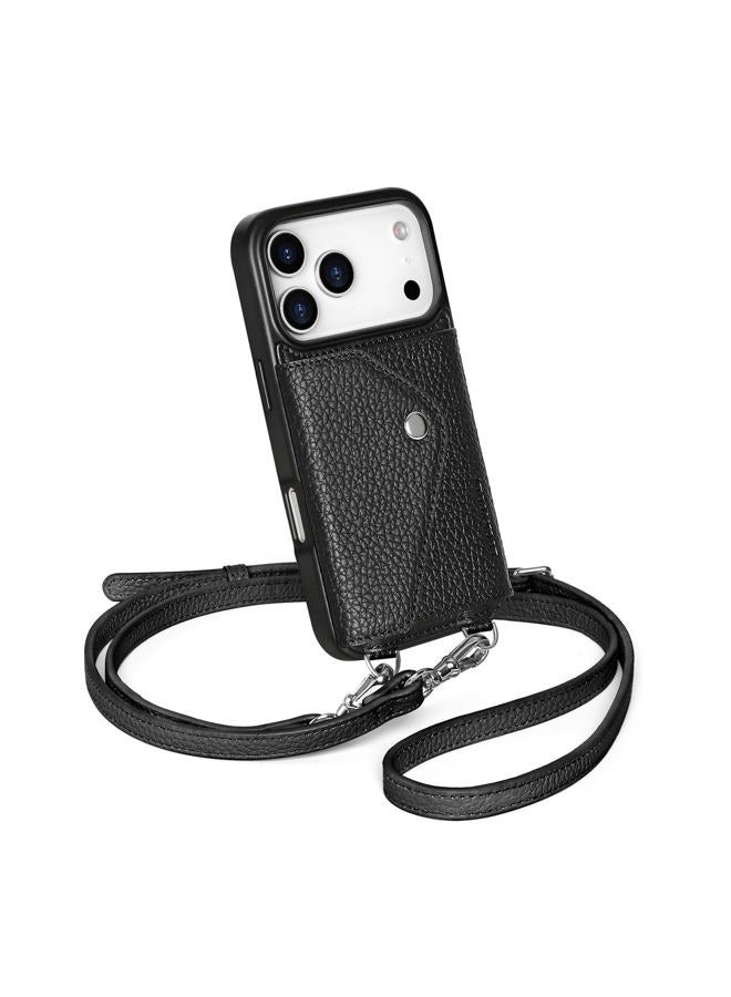 LUCKYCOIN Crossbody Phone Case for iPhone 17 Pro,Genuine Pebble Leather Wallet Case with Expandable Flip Card Holder,Black Phone Purse for Women with Adjustable Removable Strap,for Travel/Parties - Image 1