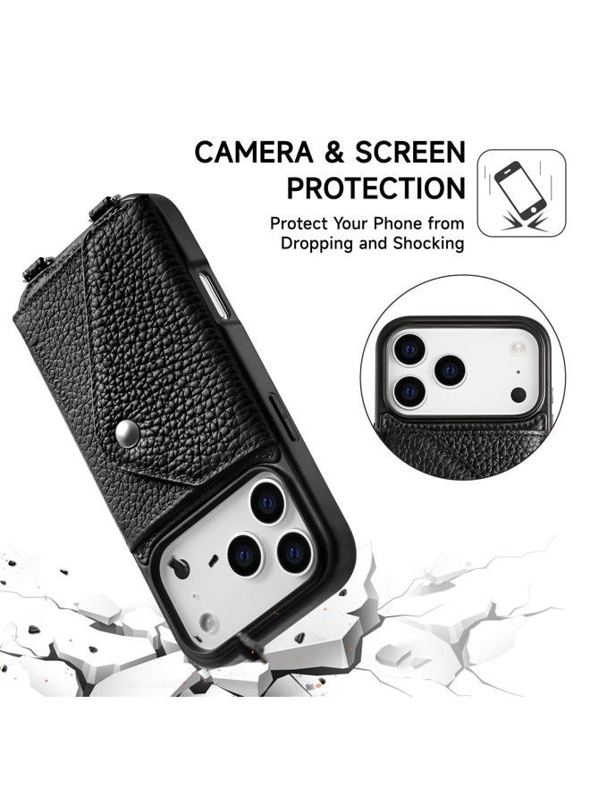 LUCKYCOIN Crossbody Phone Case for iPhone 17 Pro,Genuine Pebble Leather Wallet Case with Expandable Flip Card Holder,Black Phone Purse for Women with Adjustable Removable Strap,for Travel/Parties - Image 2