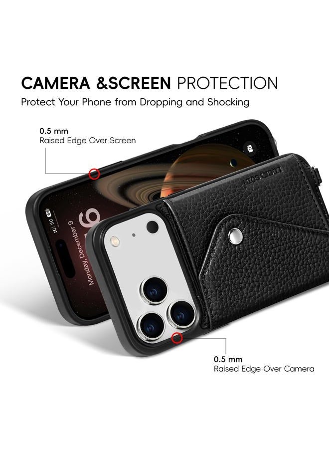 LUCKYCOIN Crossbody Phone Case for iPhone 17 Pro,Genuine Pebble Leather Wallet Case with Expandable Flip Card Holder,Black Phone Purse for Women with Adjustable Removable Strap,for Travel/Parties - Image 3