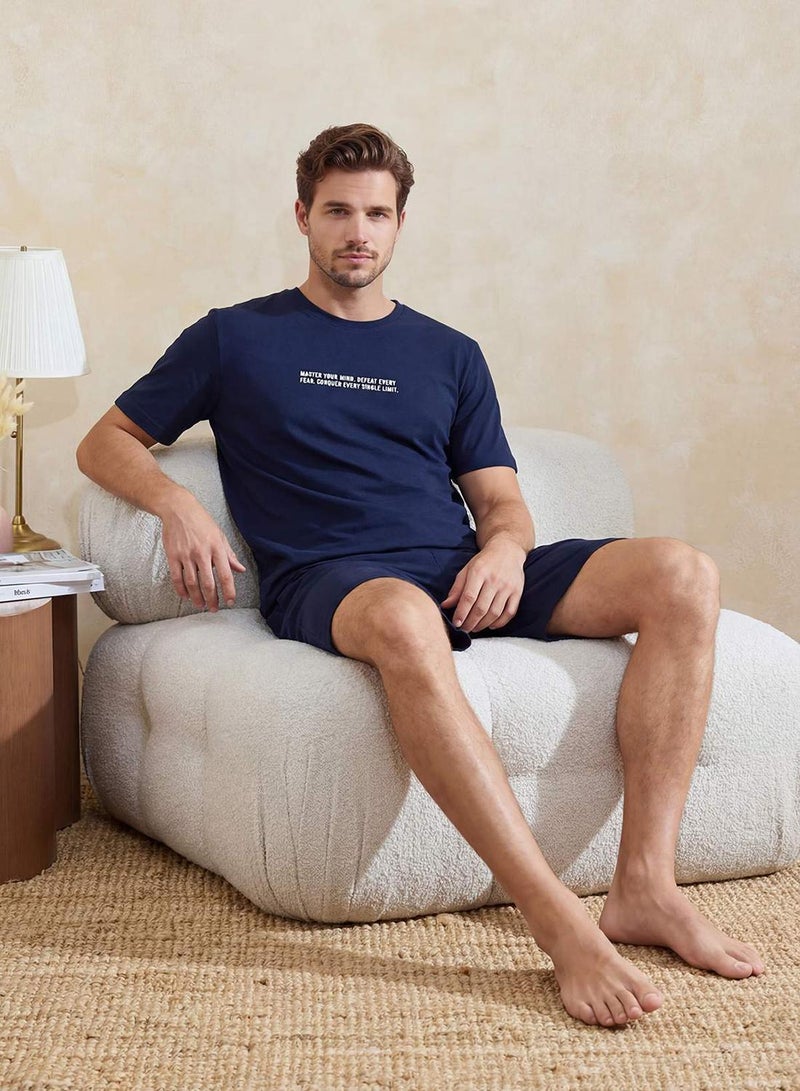trendyol Navy Blue Regular Fit Printed 100% Cotton Summer Pajama Set Tmnss26Pt00038 - Image 1