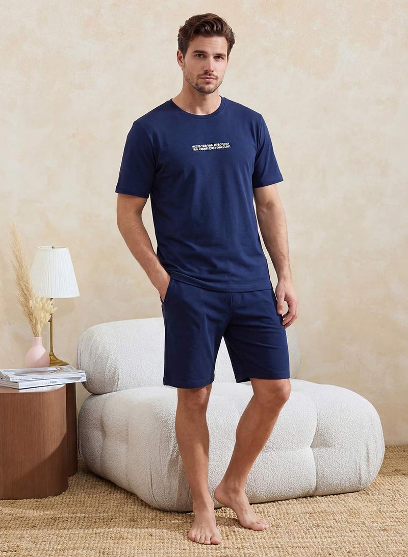 trendyol Navy Blue Regular Fit Printed 100% Cotton Summer Pajama Set Tmnss26Pt00038 - Image 2