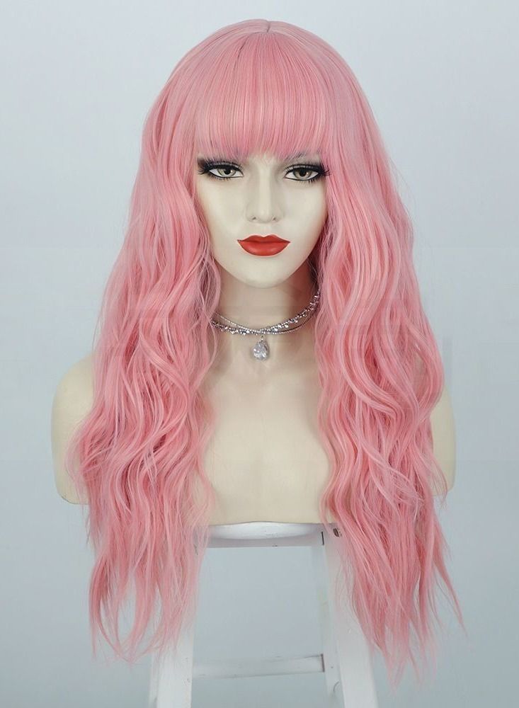 Estelle European and American Long Curly Hair Bangs Female Fiber Wave Full Head Cover Wig Pink - Image 1