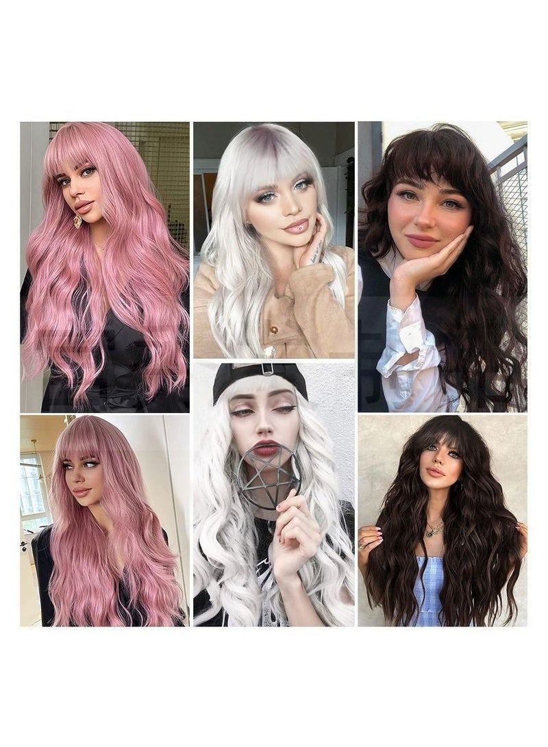 Estelle European and American Long Curly Hair Bangs Female Fiber Wave Full Head Cover Wig Pink - Image 2