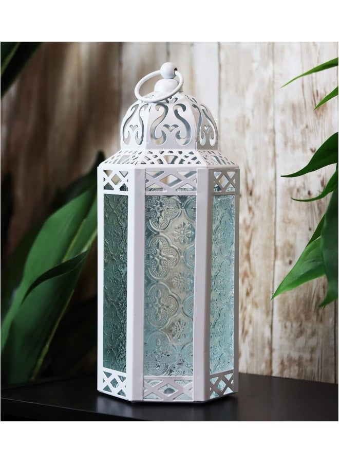 VELA LANTERNS White Moroccan Candle Lantern Decorative Candle Holder Lamp for Table or Hanging Ramadan Decorations Indoor Home Decor Outdoor Patio or Porch Weddings Clear Glass Medium - Image 5