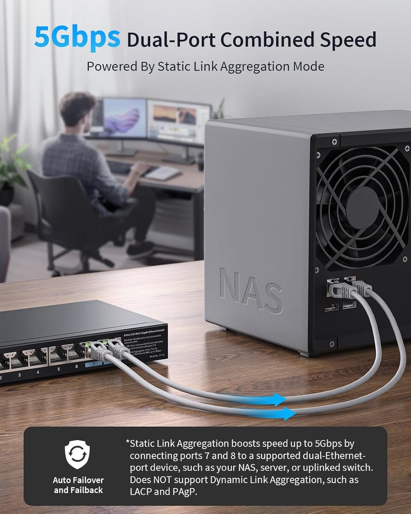 BrosTrend 8 Port 2.5Gb Switch, Unmanaged Network Switch Supports Static Link Aggregation & VLAN Ideal for Gaming NAS PC, Ethernet Splitter Plug & Play Fanless Desktop / Wall Mount, Lifetime Protection - Image 5